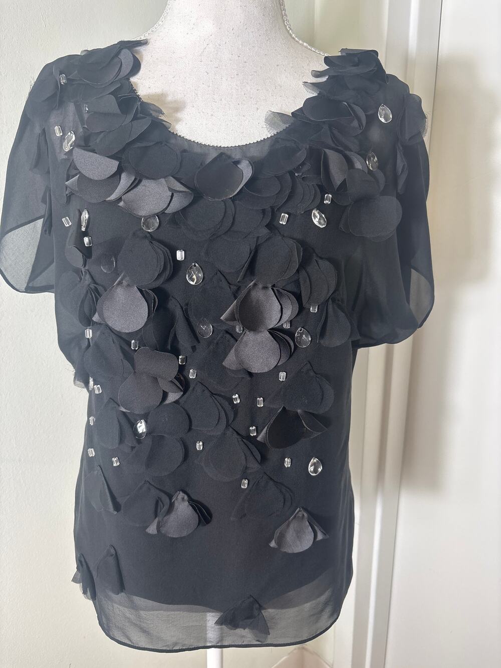Rebecca Taylor Black Sheer Fish Scale and Diamonds Short Sleeve Shirt Sz 4